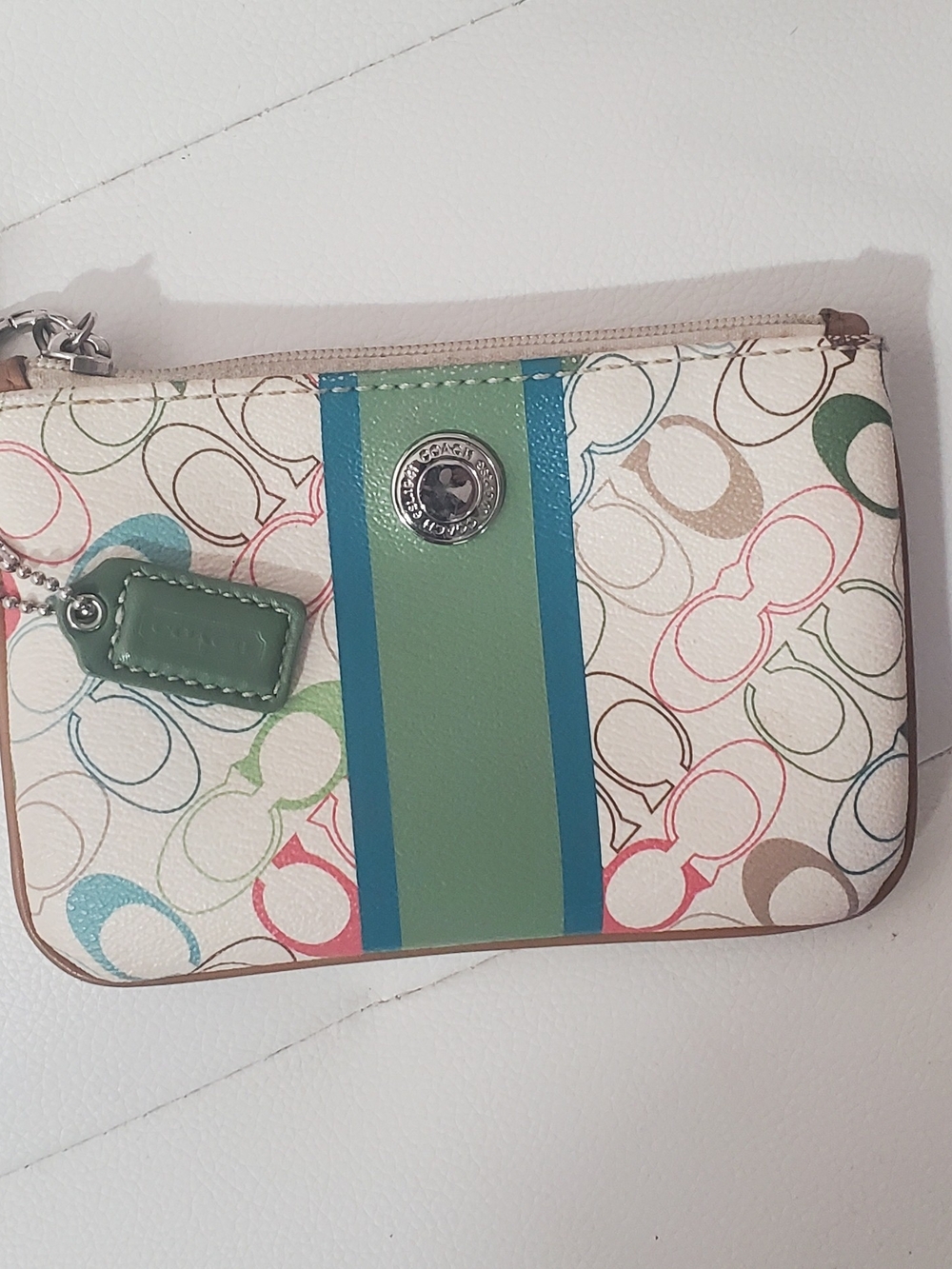 Coach Multicolor Signature Stripe Wristlet with Green and Teal Accent